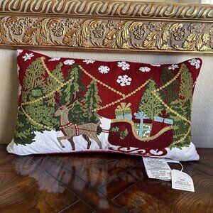 Santa's Workshop Decorative Pillow Christmas Motif‎ Feather Fill 14" x 24" NWT